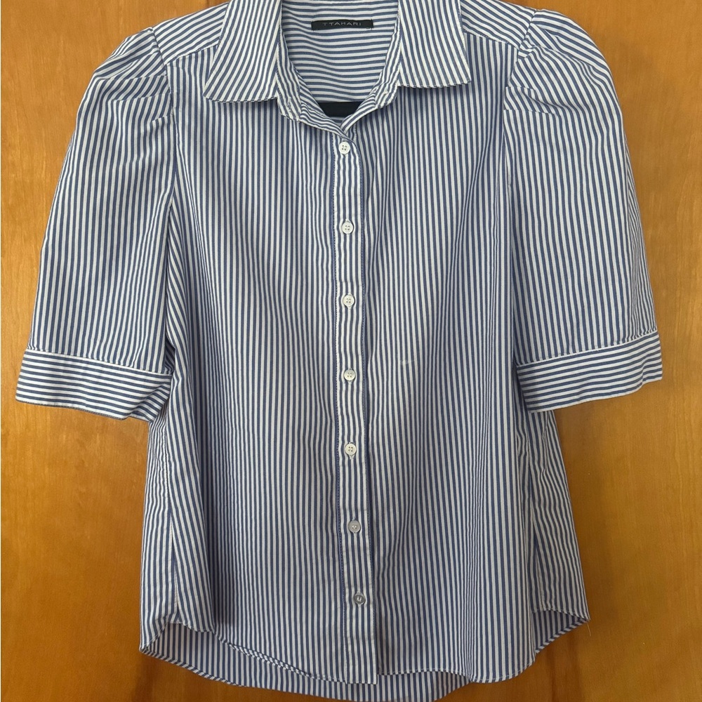 T Tahari Navy and White Striped Button Down Shirt
